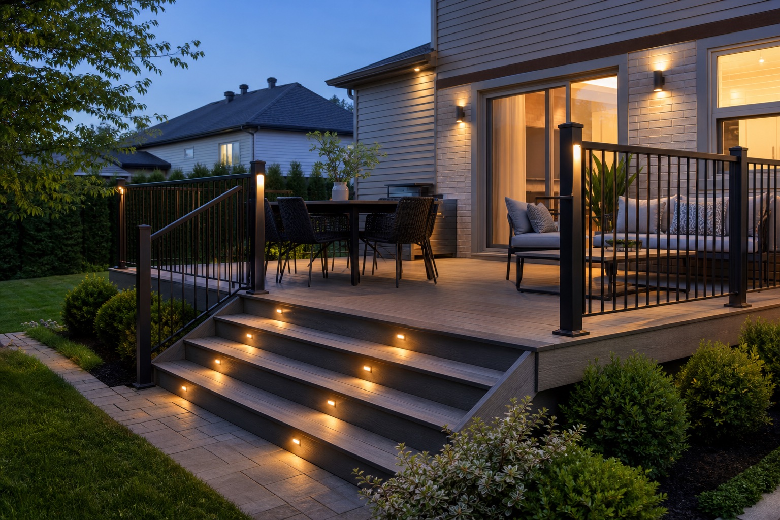 Modern composite deck illuminated by warm LED lights at dusk