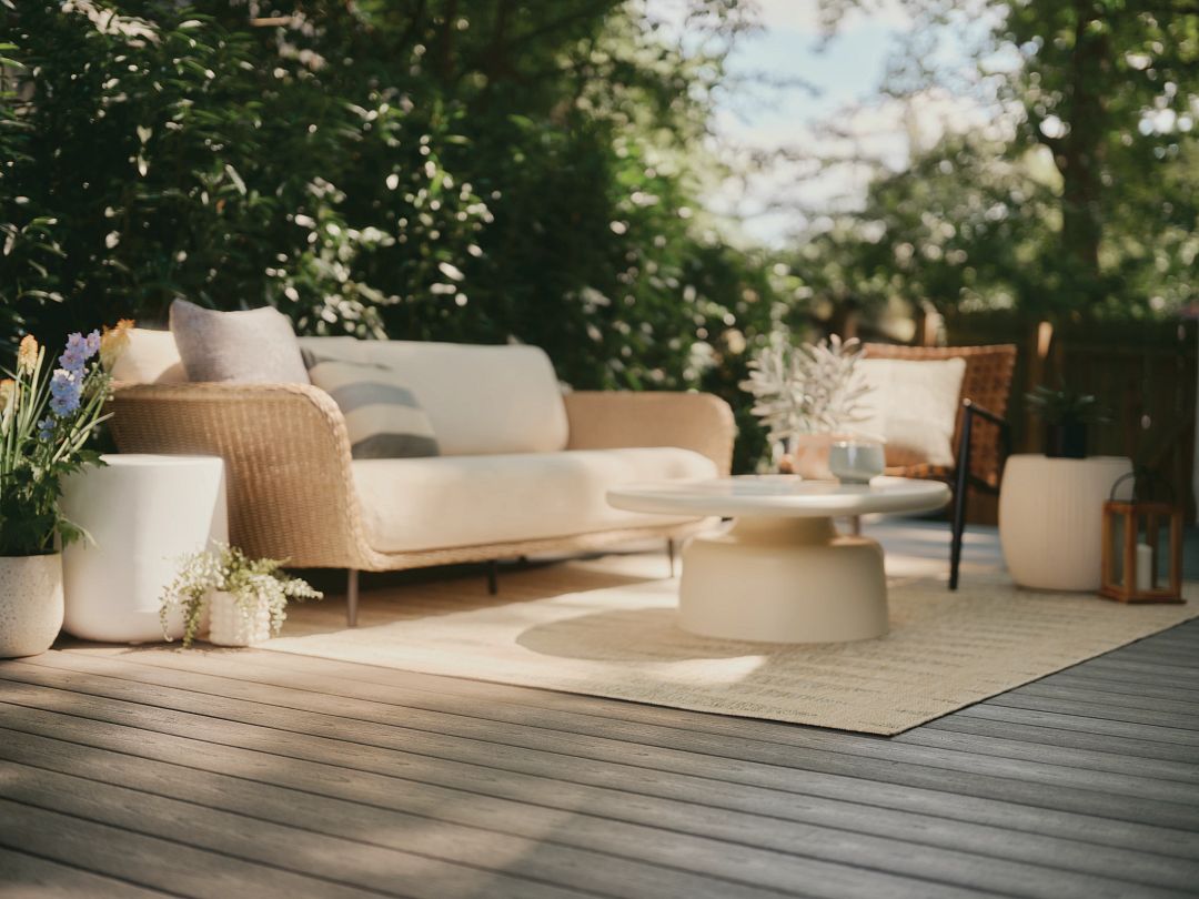 Fiberon Sanctuary Earl Grey composite deck with a comfortable outdoor lounge