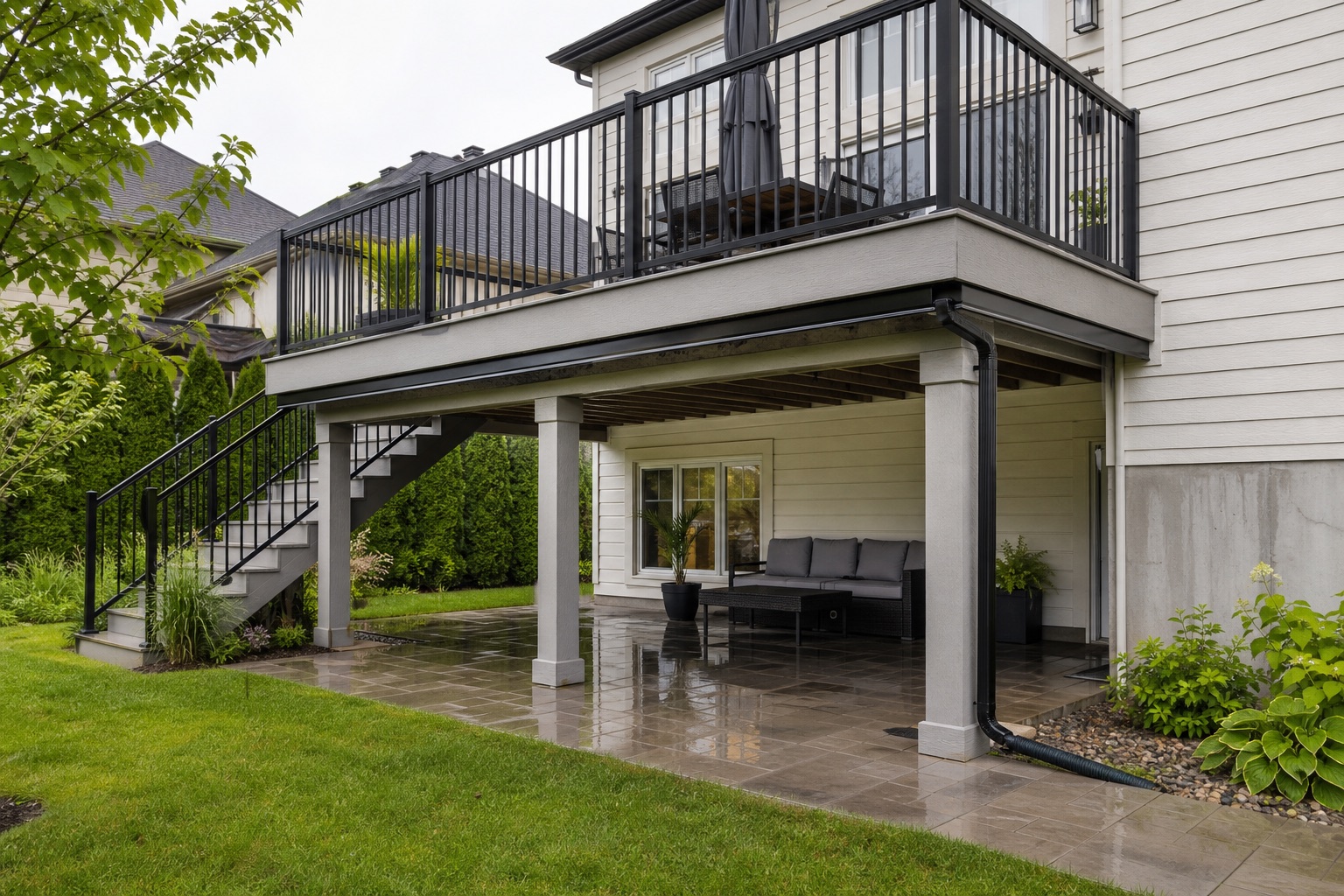 Elevated composite deck with black railing, under-deck drainage, and dry patio after rain