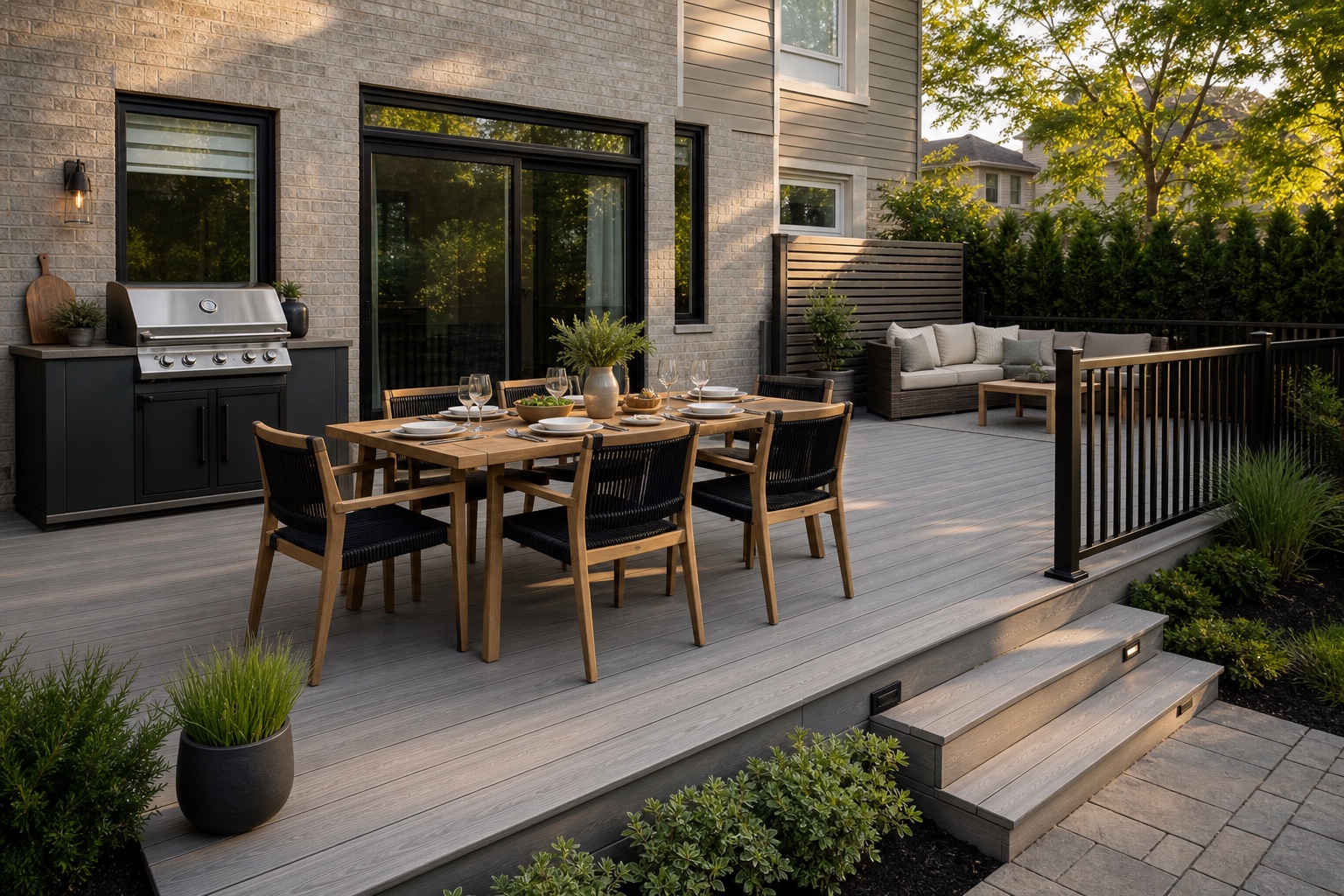 Composite backyard deck arranged with outdoor dining, barbecue, and lounge zones