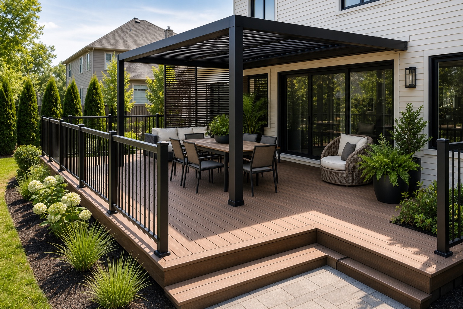 Composite backyard deck with black pergola, railings, dining table, and lounge seating
