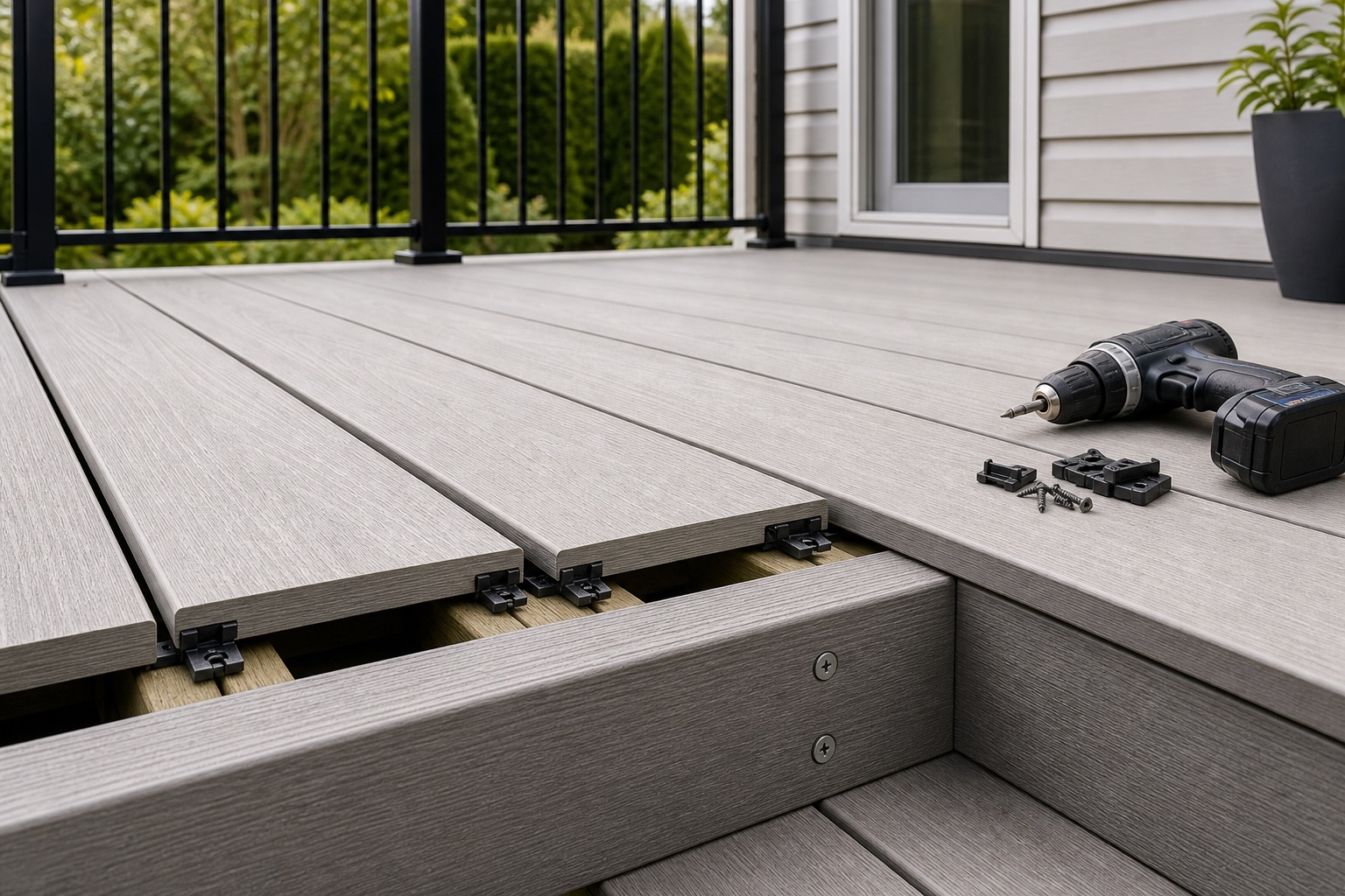 Détail de planches de patio composite avec fixations cachées, vis apparentes et perceuse