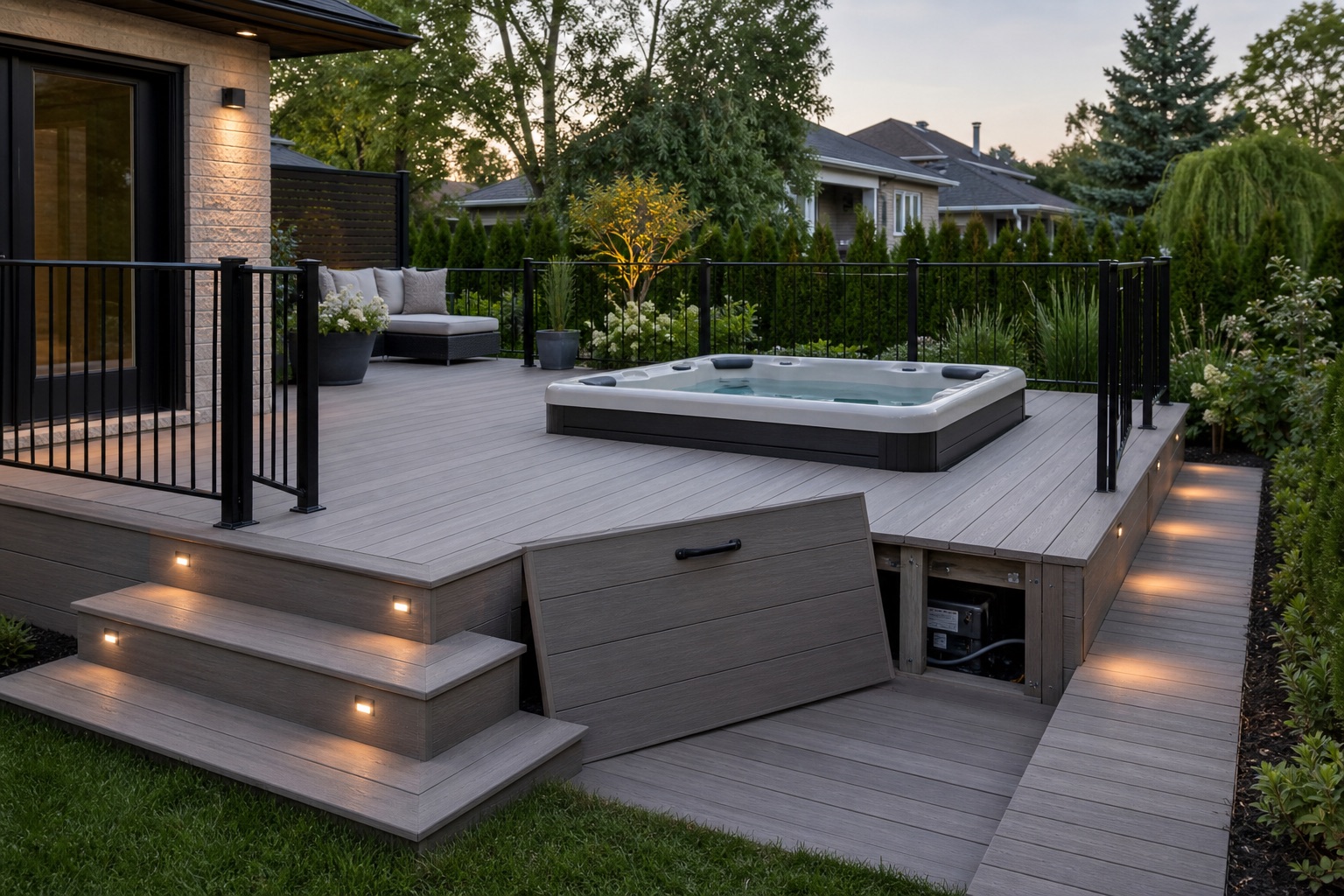 Patio composite avec spa encastré, accès technique ouvert, marches larges et éclairage intégré