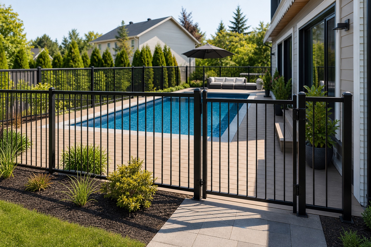 Piscine arrière avec rampe de sécurité noire en aluminium et portillon autour d’un patio composite