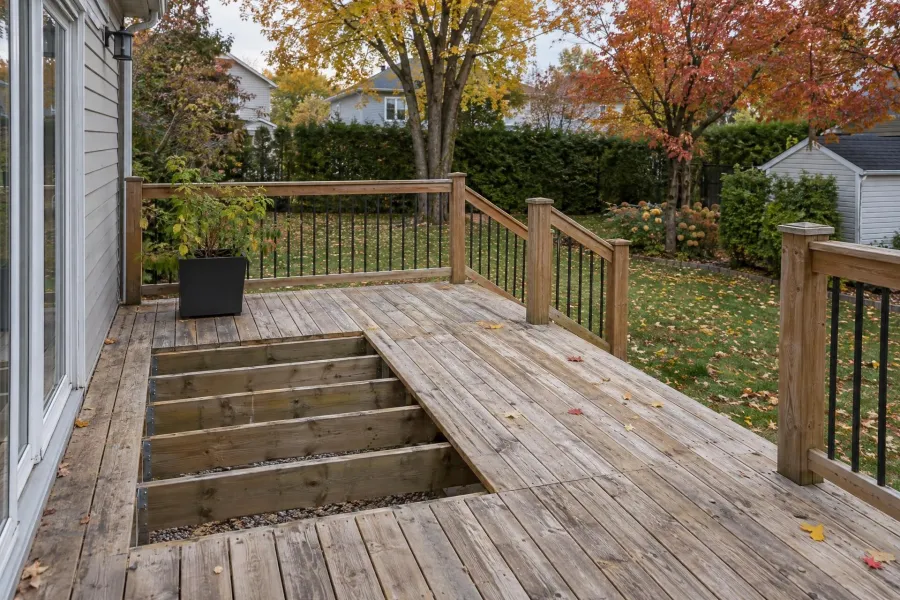 Weathered wood deck with joists exposed in one opened section, in a South Shore backyard in autumn.