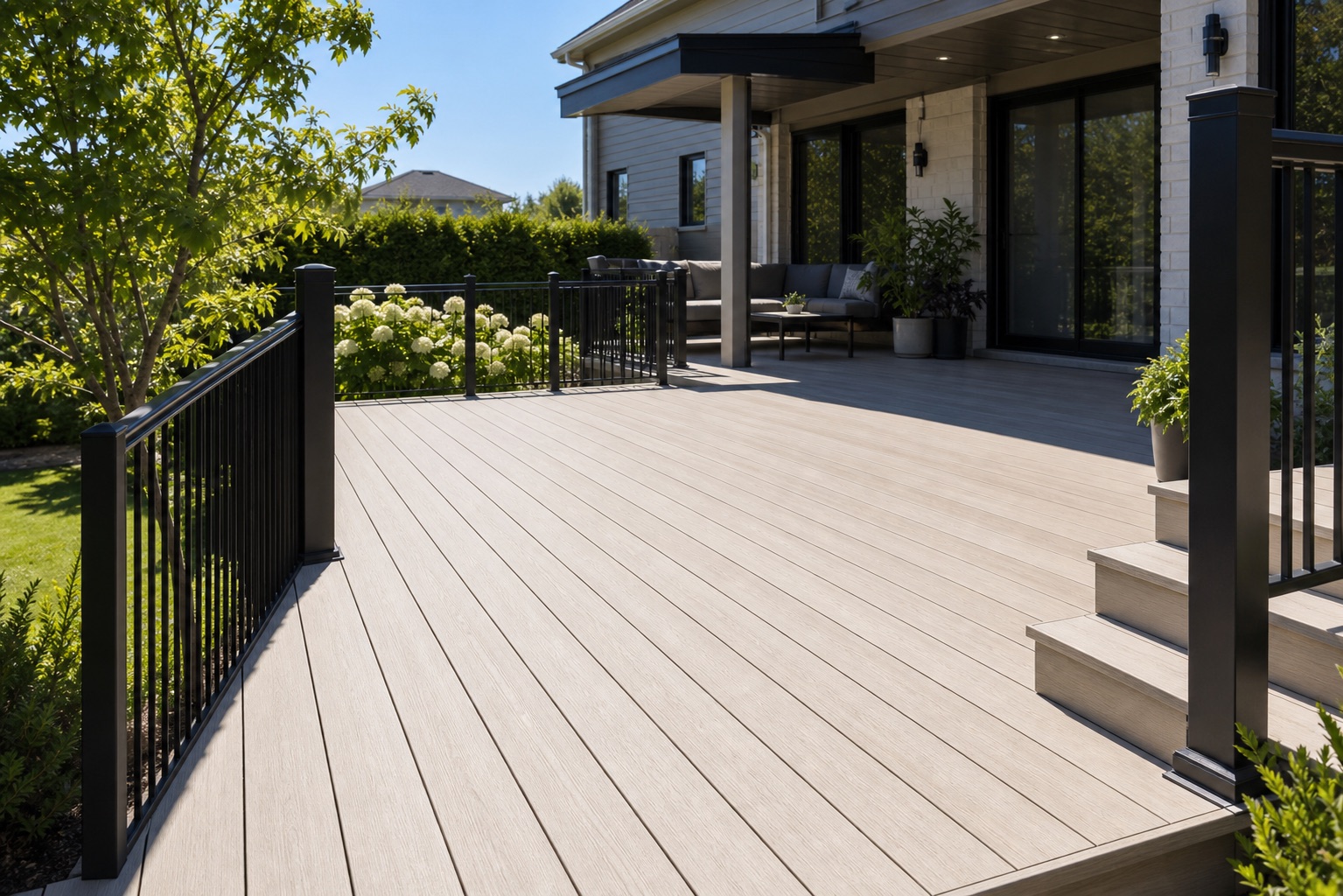 Light composite deck with black aluminum railing in bright summer sun