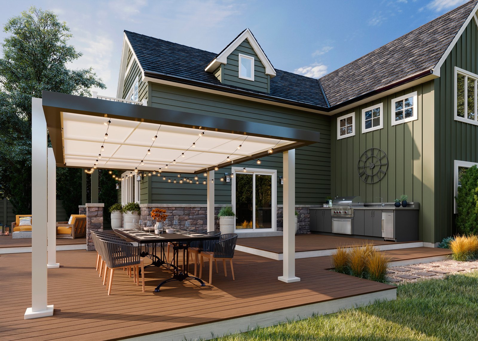 Trex Transcend Lineage Jasper composite deck with pergola, dining area, and outdoor kitchen